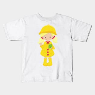 Girl In Raincoat, Boots, Blonde Hair, Frog Kids T-Shirt